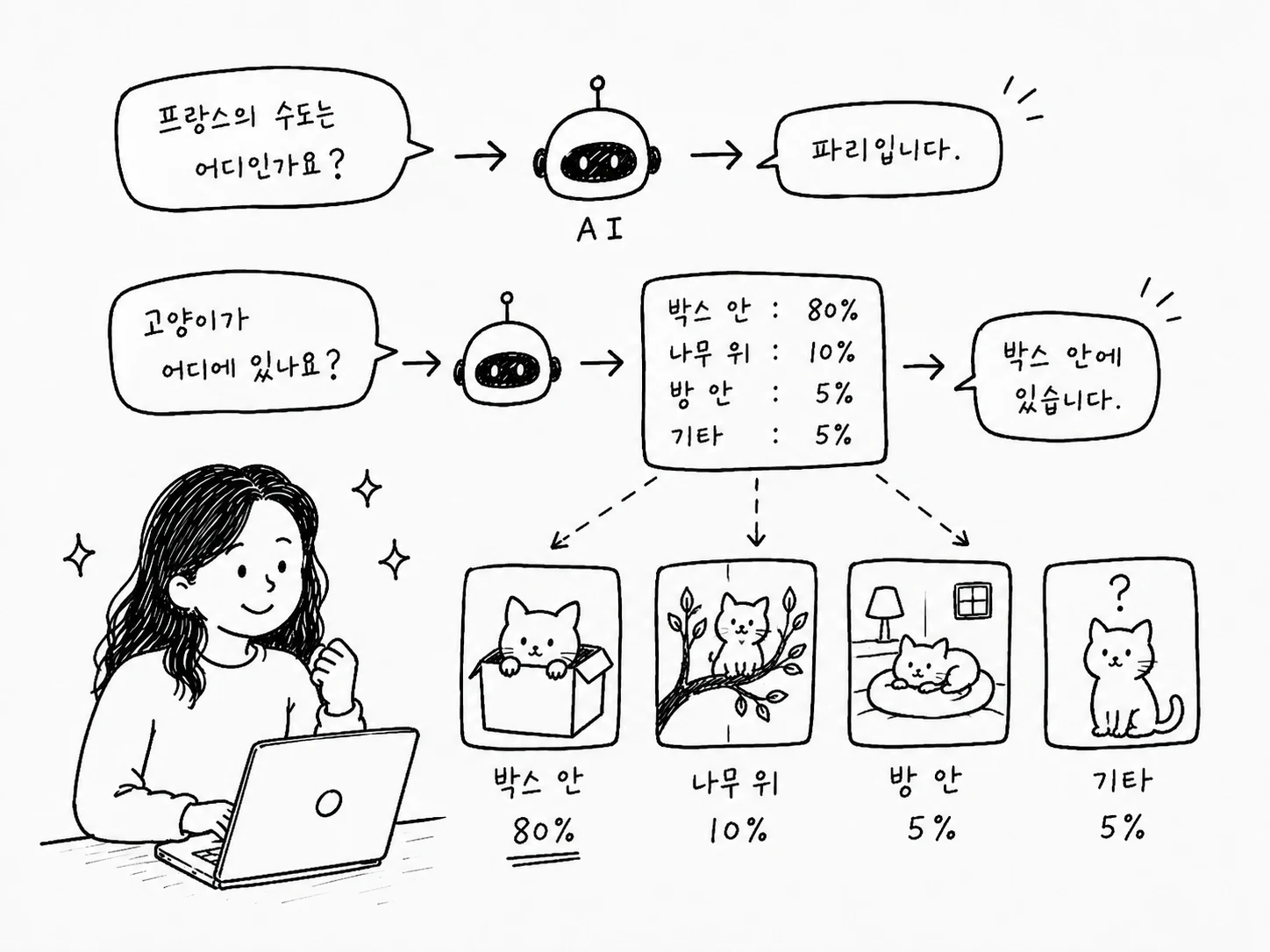 질문을 받은 AI가 "박스 안 80%, 나무 위 10%, 방 안 5%, 기타 5%"처럼 다음에 올 말의 확률을 계산해 가장 높은 것을 답으로 내놓는 과정을 그린 일러스트