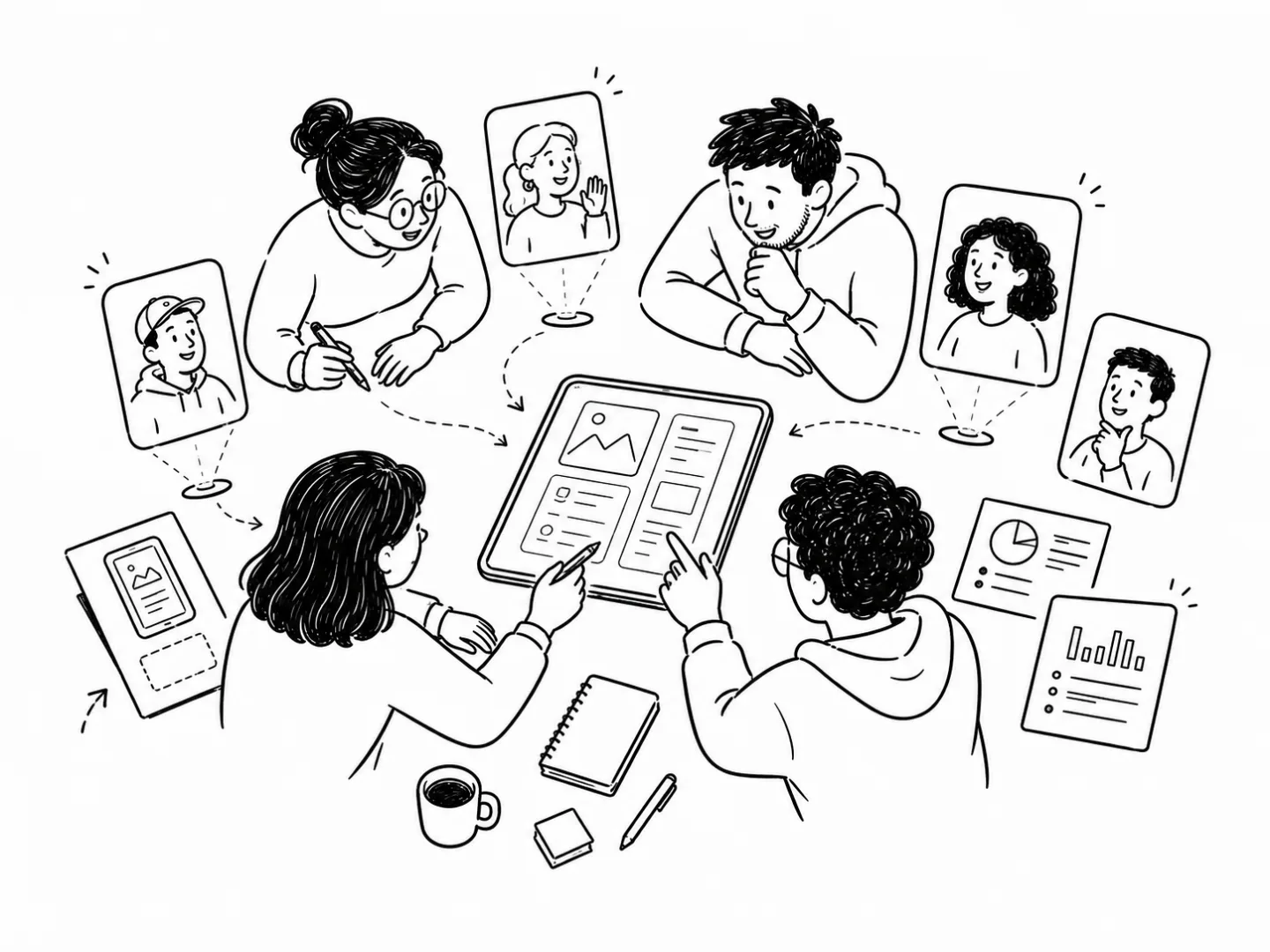 책상에 둘러앉은 두 사람이 화면을 함께 보며, 주위에 떠 있는 여러 합성 페르소나 카드의 답을 자료와 견줘보는 일러스트