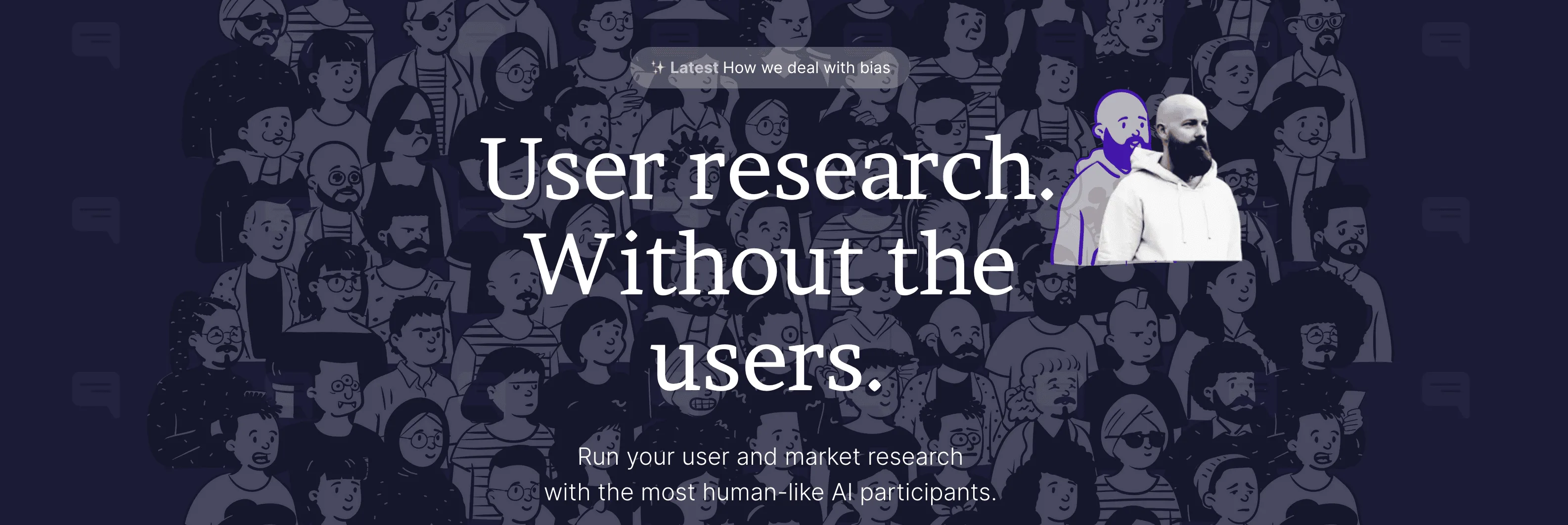 "User research. Without the users."라는 문구를 내건 합성 유저 서비스의 랜딩 페이지